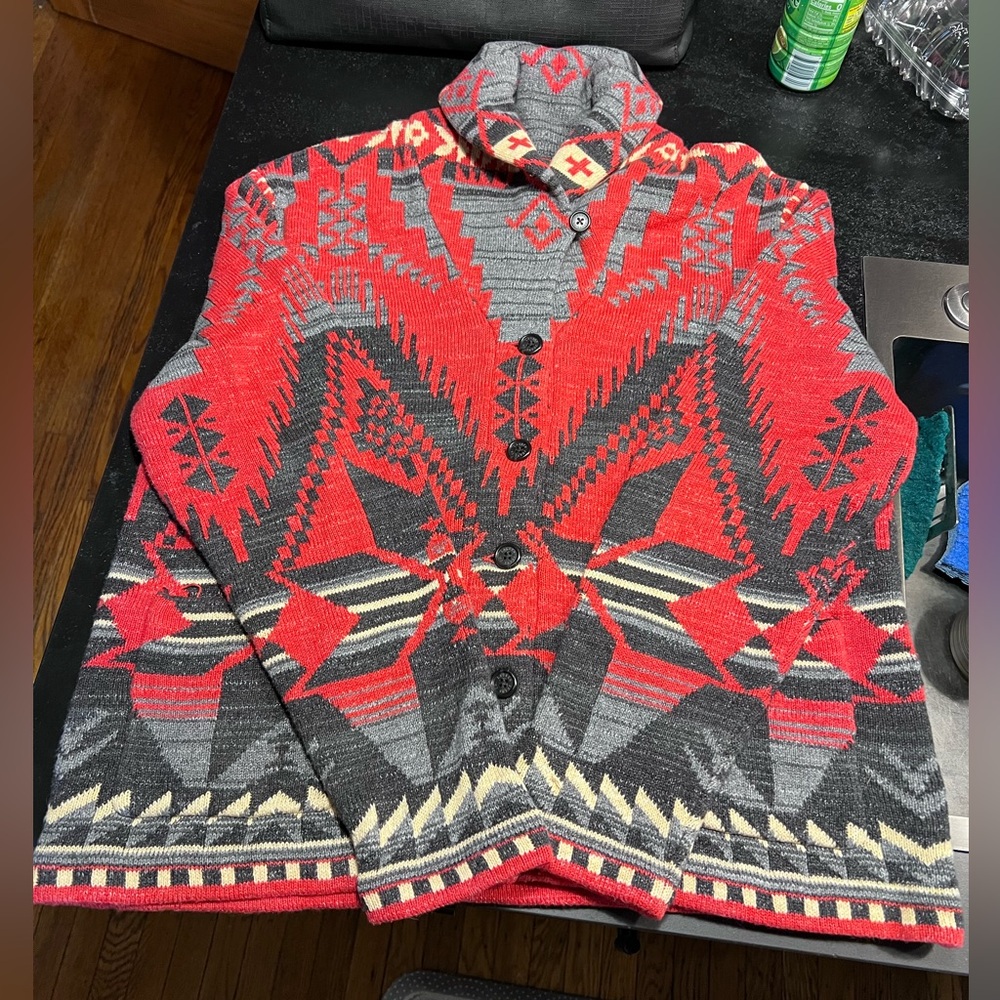 Lauren Jeans Co Ralph Lauren Red and Gray Southwestern Patterned Cardigan XL